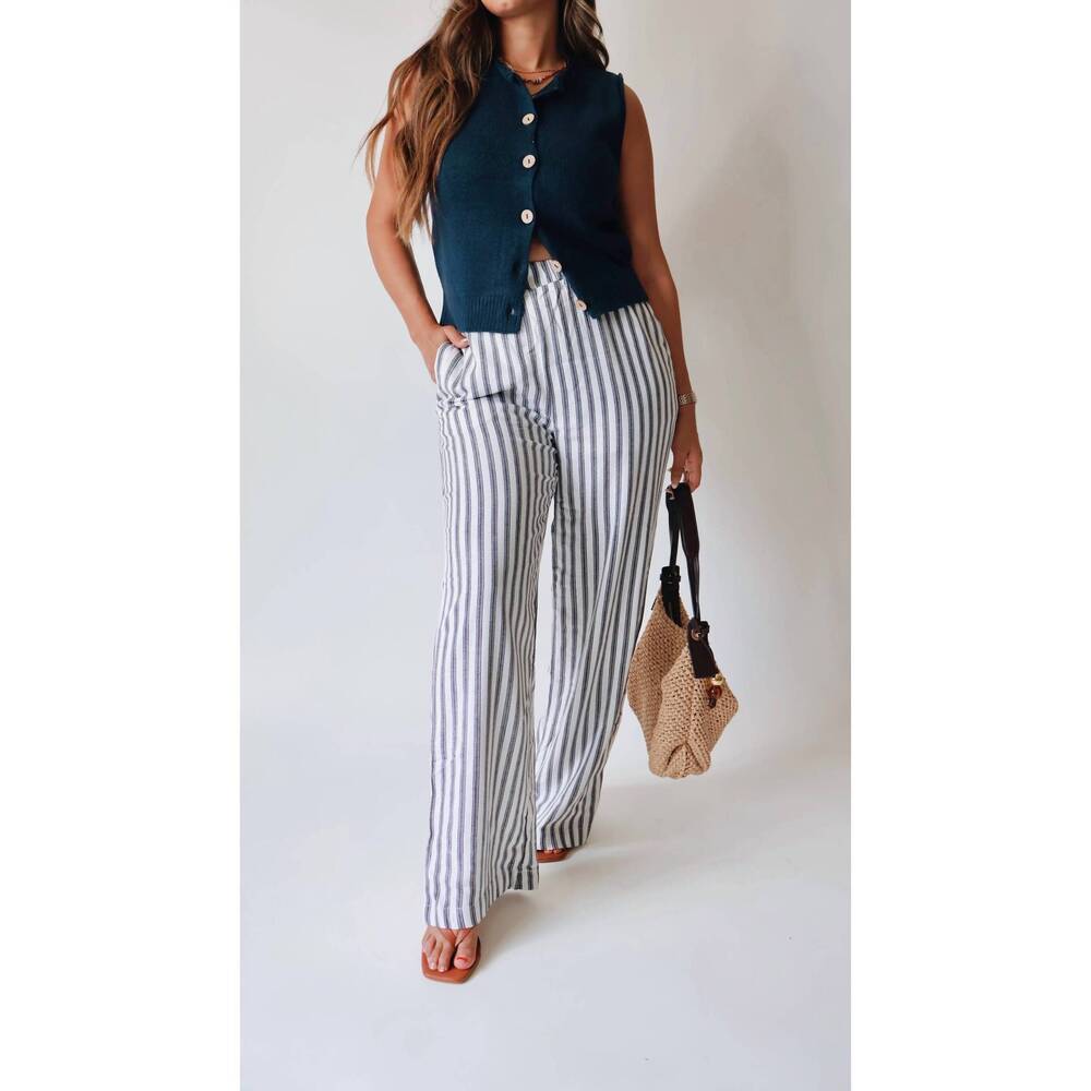 NEW THE WORKSHOP STUDIO lux striped linen pants in natural off white & navy stri
